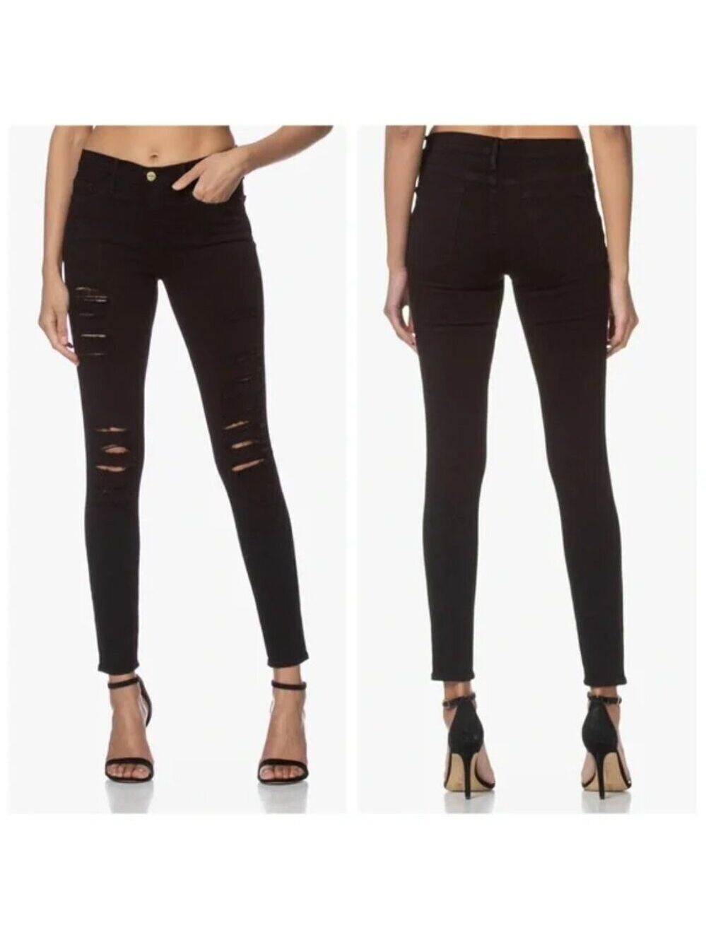FRAME Women's Black Le Skinny de Jeanne Distressed Jeans in Ripped Noir Size 26